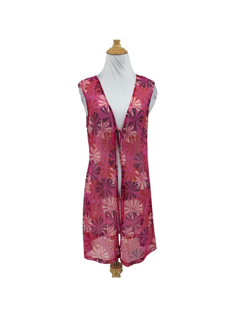 BCBGMaxazria Cover Up Womens M Medium Pink Multi Mesh Sleeveless Beach Tie Front